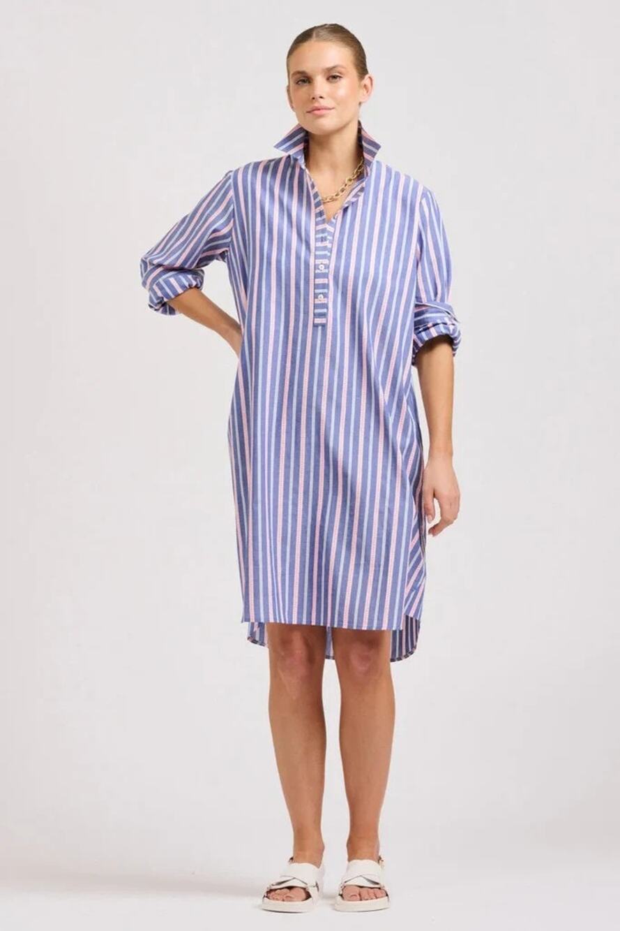 Shirty Claire Classic Popover Shirt Dress Women's Large Chambray Pink Stripe